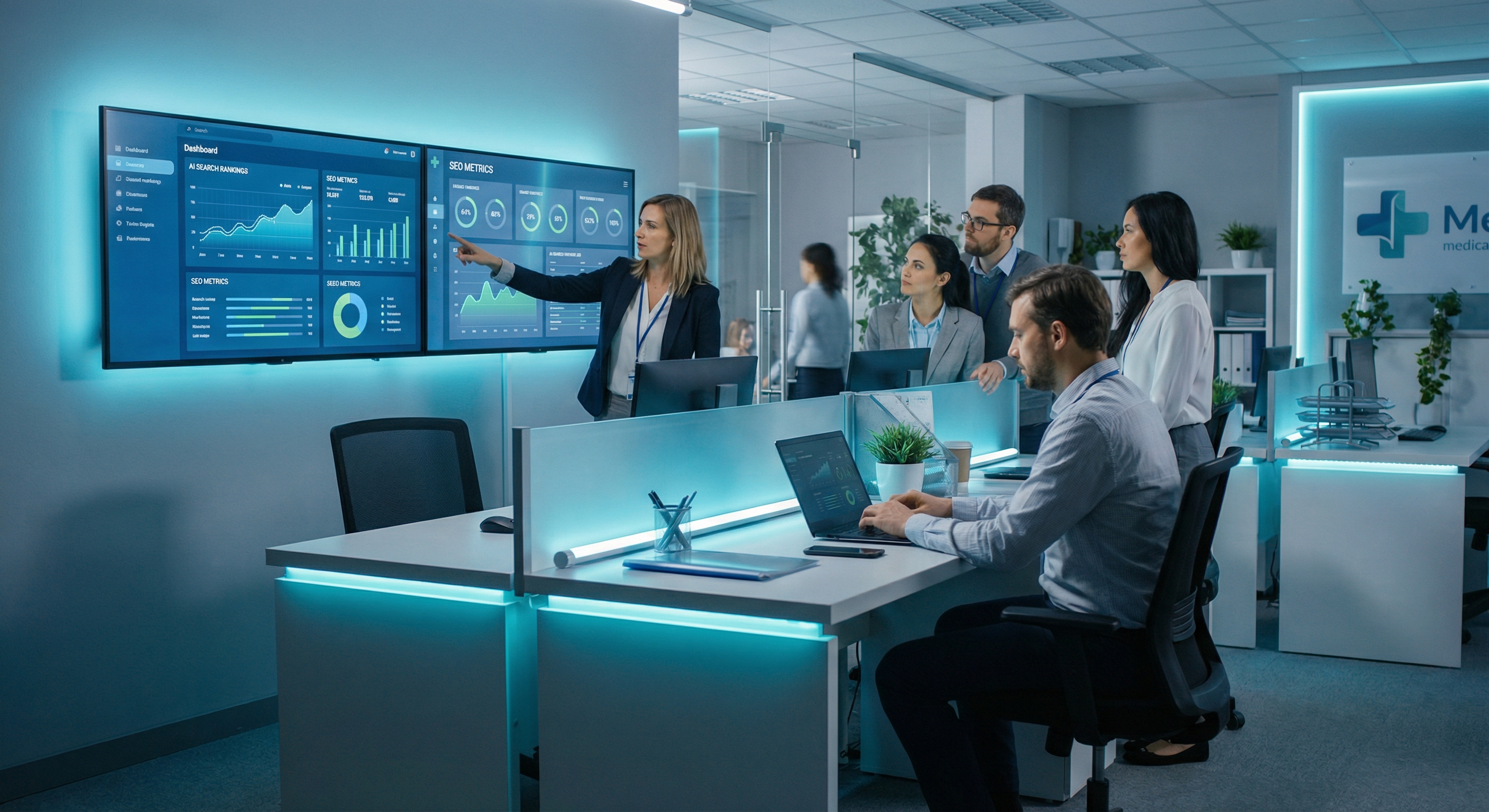 Voxel Phase team analyzing AI search rankings and healthcare SEO metrics on dashboards