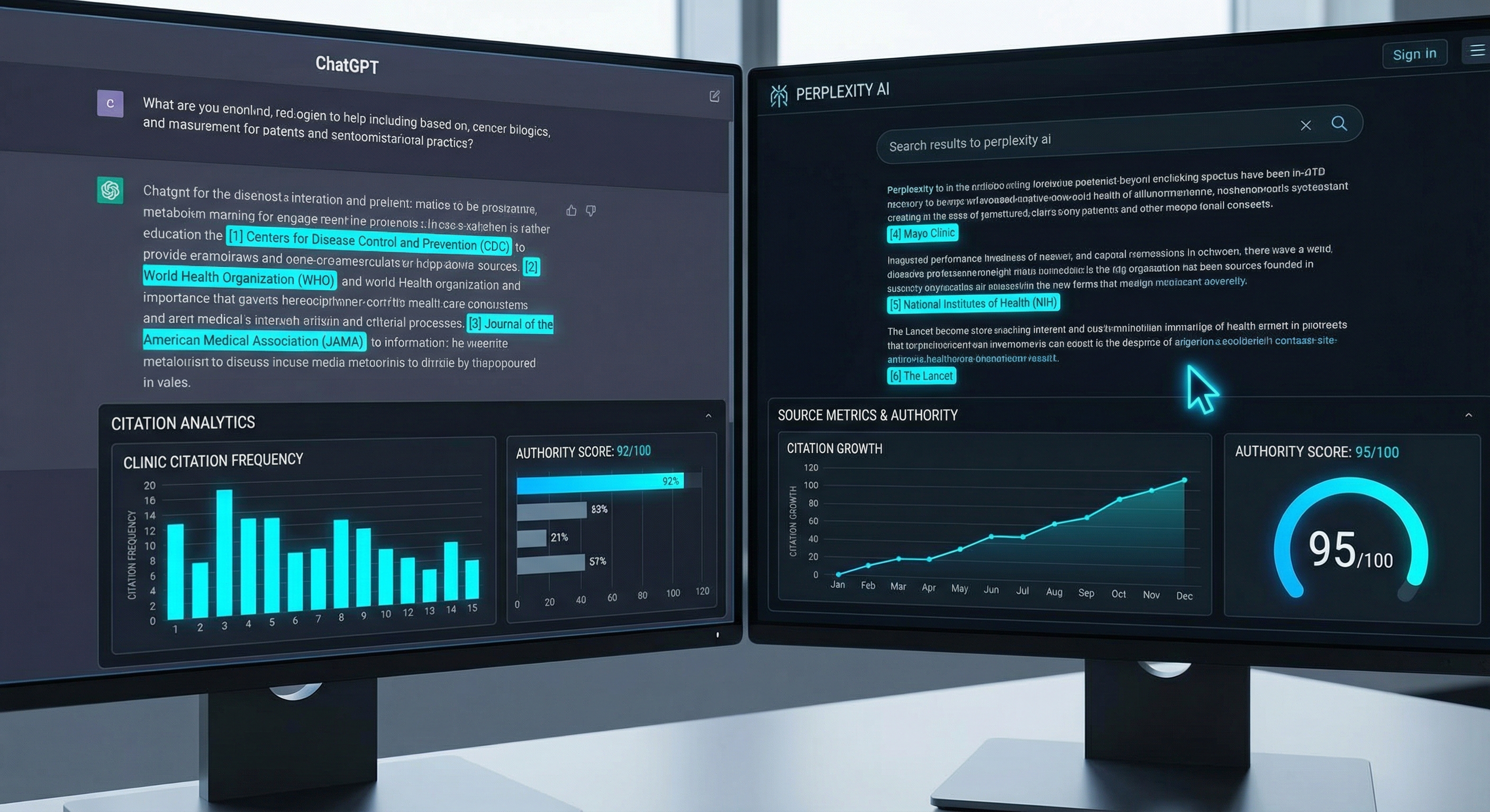 ChatGPT and Perplexity AI interfaces showing healthcare clinic citations with analytics dashboard