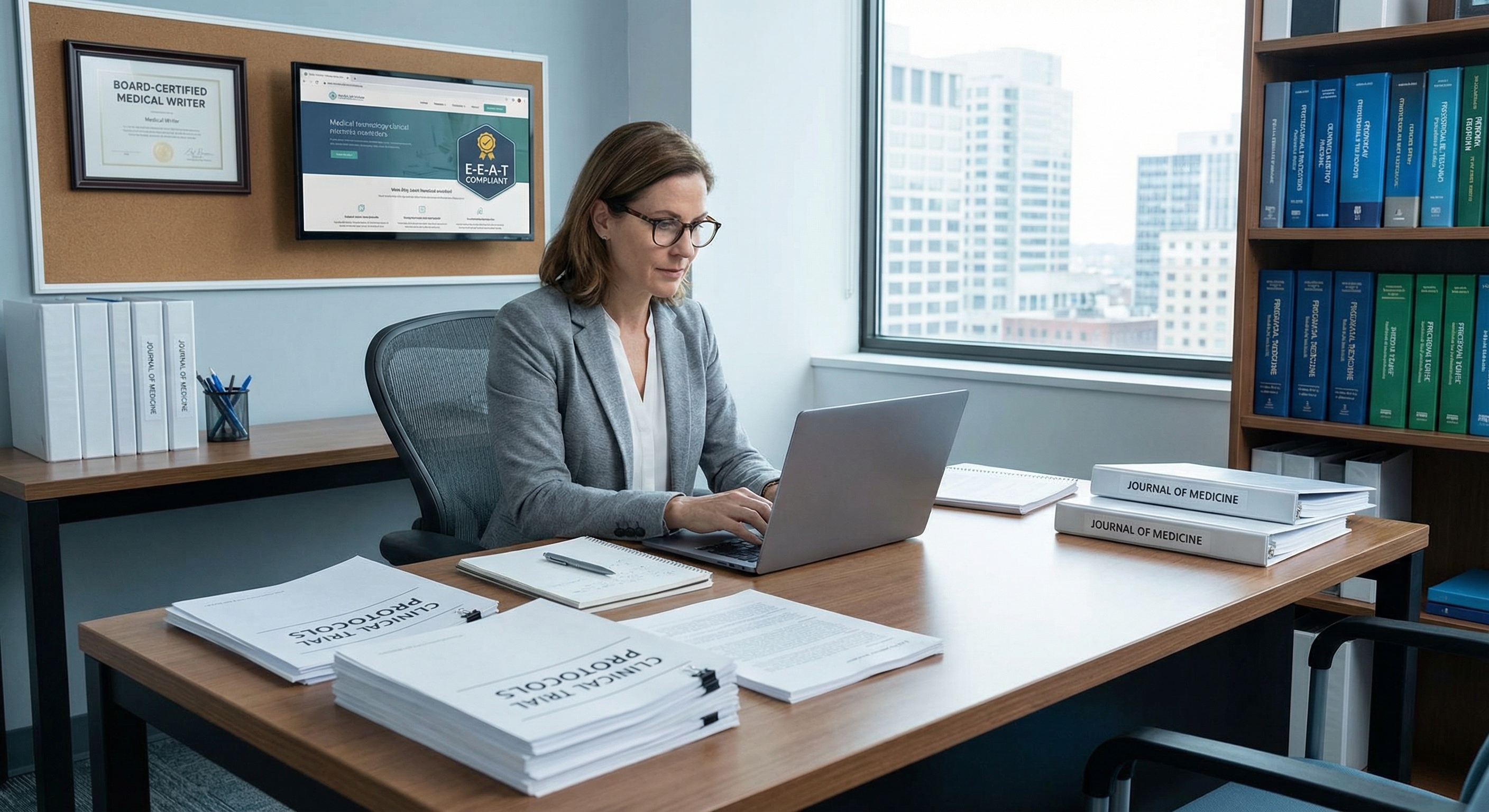 Healthcare content creation workspace with medical whitepapers and E-E-A-T documentation