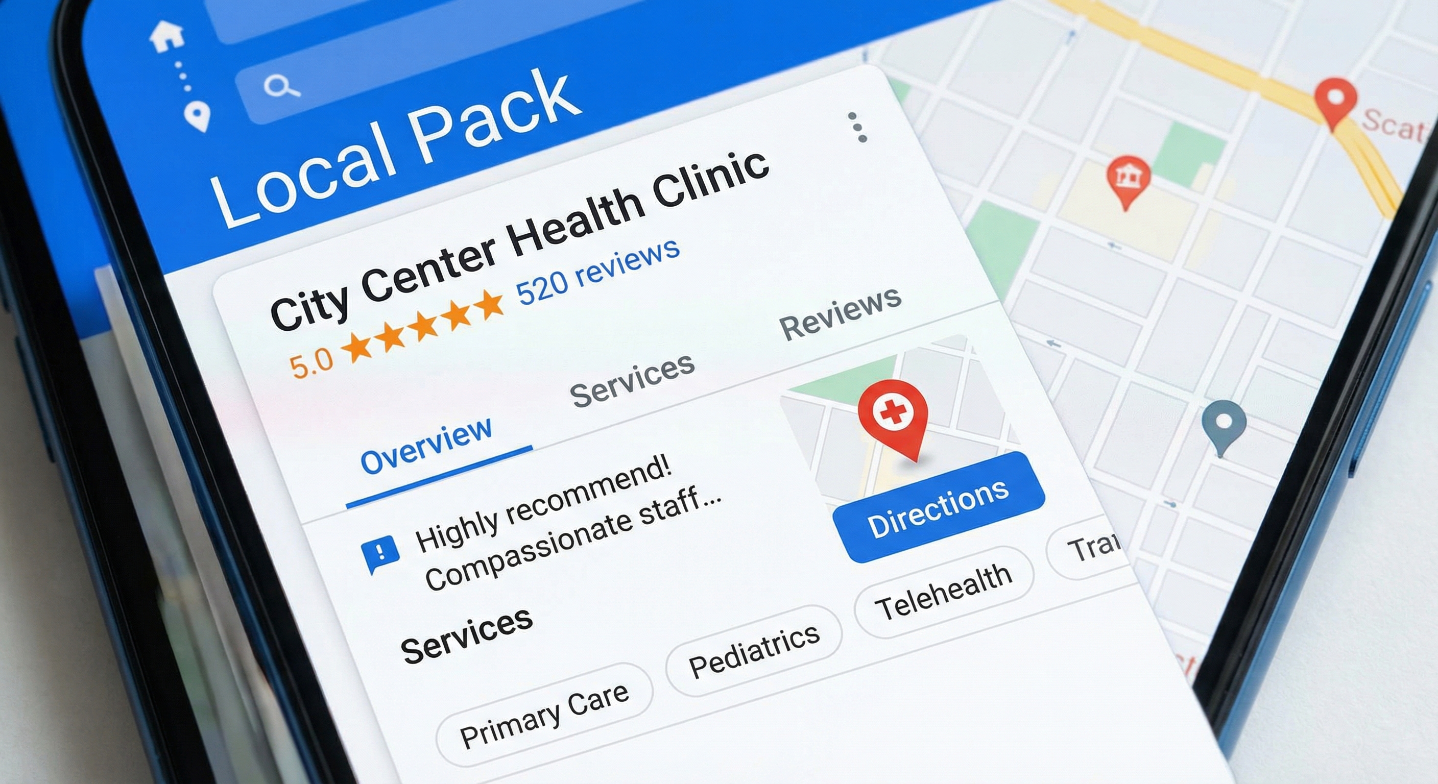 Google Business Profile showing 5-star healthcare clinic with reviews and service details