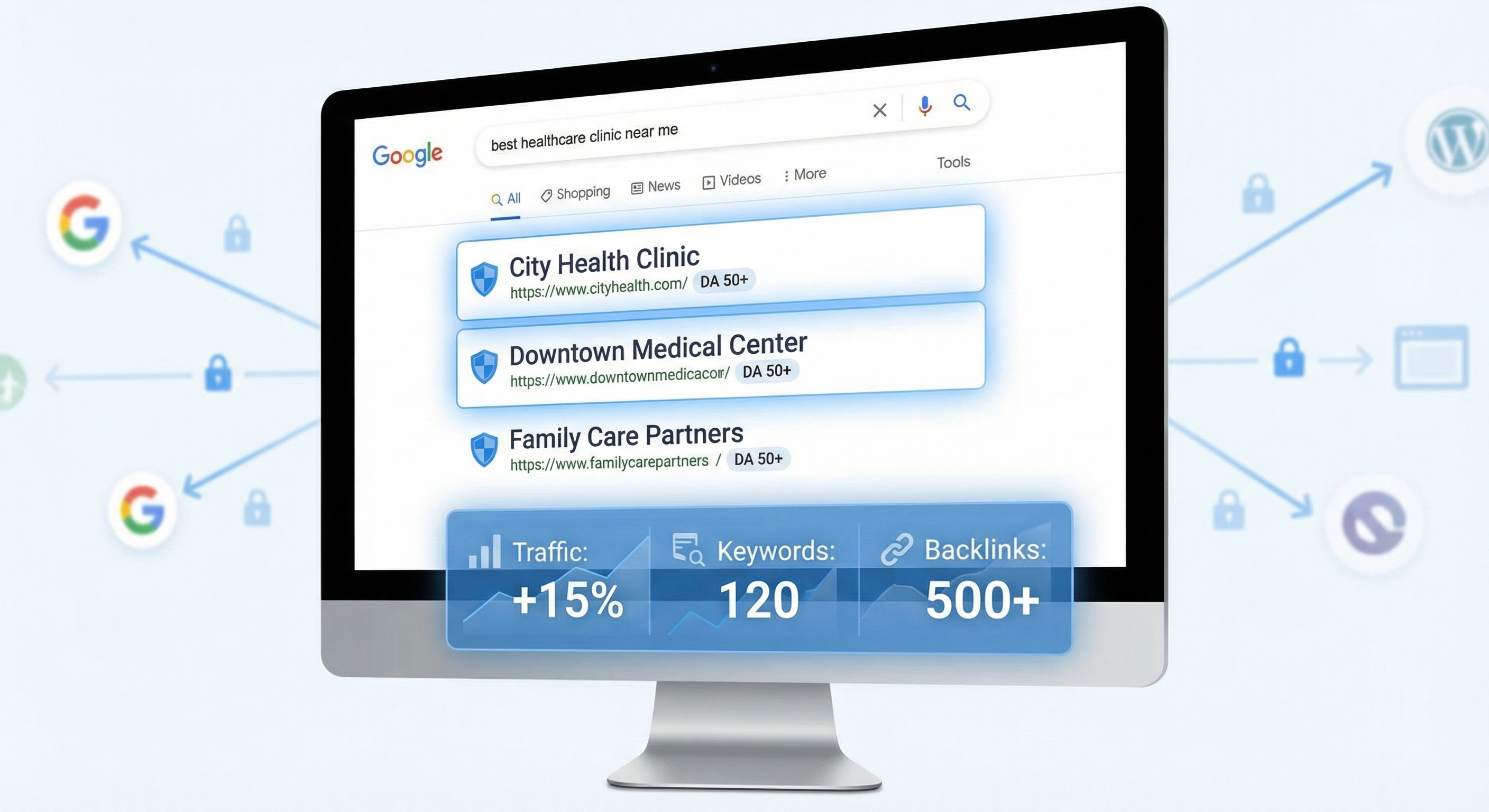 Google search results showing healthcare clinic ranking at position 1 with authority signals