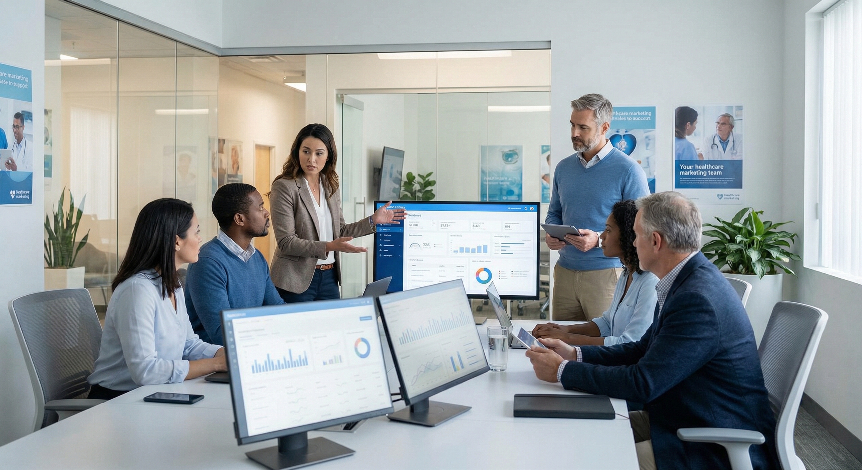 Voxel Phase team collaborating on healthcare SEO analytics in modern office